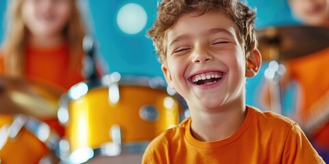 Aufkleber - Young musicians rehearsing for a school musical performance, vibrant instruments and laughter
