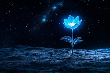 glowing blue flower on lunar surface - a single, glowing blue flower blooms on a desolate lunar land