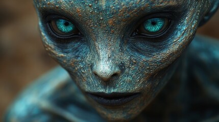 Wall Mural - A blue alien with green eyes stares at the camera