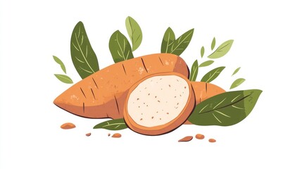 Wall Mural - Fresh sweet potatoes sliced, leaves, white background, healthy food illustration