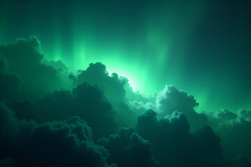 Wall Mural - a stunning space scene of green nebulae resembling auroras rippling across the dark void background 