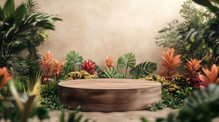 Poster - A wooden podium stands prominently amidst lush greenery and colorful tropical plants.