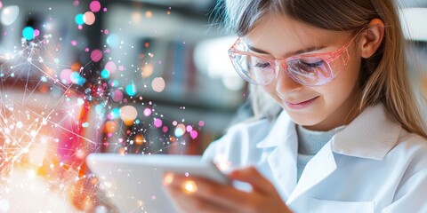 Aufkleber - Young researcher browsing digital resources in a modern school library, neutral background