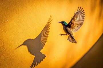 Wall Mural - Sunlight Shadow of Flying Bird on Wall - Nature Photography Stock Image