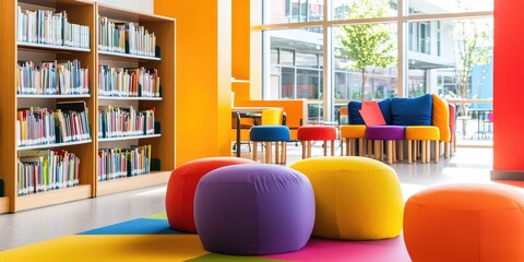 Aufkleber - Display of educational resources in a school library, vibrant colors, inviting atmosphere