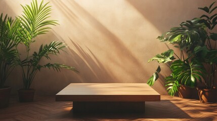 Wall Mural - A tranquil indoor setting showcases a minimalist wooden podium bathed in soft spring sunlight. Lush green plants frame the space, enhancing the peaceful atmosphere of the room.