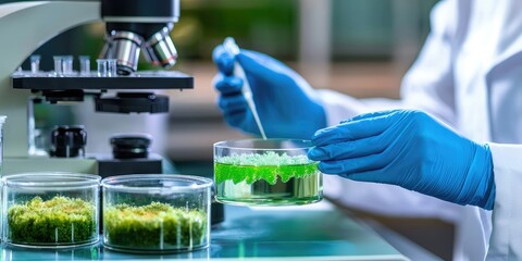 Wall Mural - researcher analyzing bacterial samples, with lab equipment and bacterial cultures displayed prominen