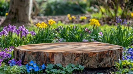 Poster - A large wooden podium rests in a blooming garden during spring, encircled by vivid purple, yellow, and blue flowers, set against a backdrop of lush green foliage under bright sunlight.