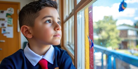 Aufkleber - a thoughtful student in uniform, gazing out of classroom window, deep in reflection on identity