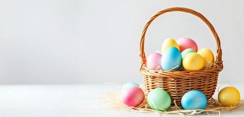 Wall Mural - Colorful Easter Eggs in a Woven Basket on a Straw-Lined White Surface