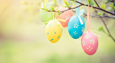 Wall Mural - Colorful Easter Eggs Hanging on Tree Branch with Spring Blossoms in Soft Focus Background. Easter concept