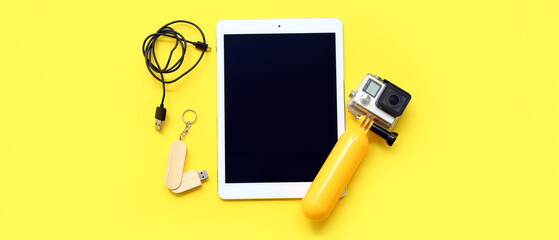 Wall Mural - set of modern gadgets on yellow background