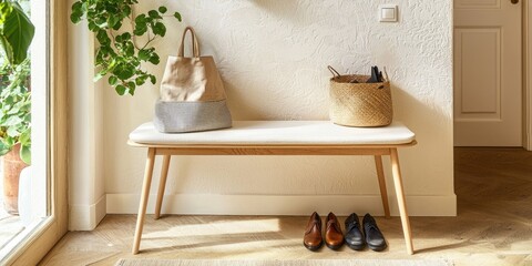 Poster - Cozy entryway with modern bench and stylish bags, plants, shoes arranged neatly on wooden flooring in a bright and inviting home setting