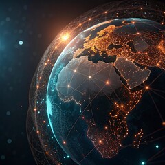 Wall Mural - Global network, Earth from space, glowing city lights, interconnected world, digital connections, futuristic planet view, orange and blue glow, satellite communications, global technology, data stream