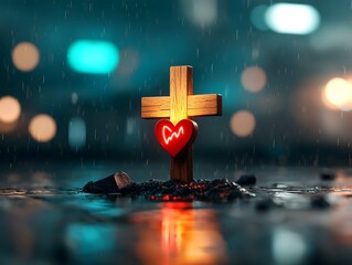 A glowing wooden crucifix entwined with a pulsing red heart resting on a sleek metal shore beneath a futuristic sky ablaze with neon lights  This image combines elements of religion spirituality