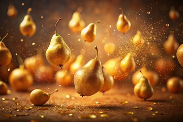 Wall Mural - Surreal Golden Pears Floating, Seeds Falling, Warm Background - Stock Photo