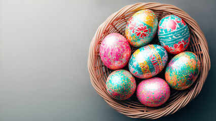 Wall Mural - Colorful Easter eggs in the basket on grey background. Copy space on the left.