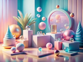 Wall Mural - Surreal Minimalist Product Mockup: Pastel Dreamy Background, Floating Objects, Clean Design