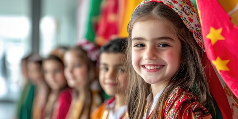 Aufkleber - Multicultural school celebration with students dressed in traditional attire, vibrant yet balanced composition