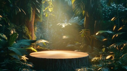Poster - Sunlight filters through trees, illuminating a natural podium made from a stump in a vibrant spring forest. Lush foliage surrounds the area, creating a serene and magical atmosphere.