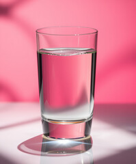 Clear glass of water illuminated by soft light against a vibrant pink background creates a refreshing ambiance