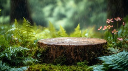 Poster - A natural podium made of a tree stump stands in a lush spring forest, surrounded by vibrant green ferns and delicate flowers. Soft rain falls gently, enhancing the serene atmosphere.
