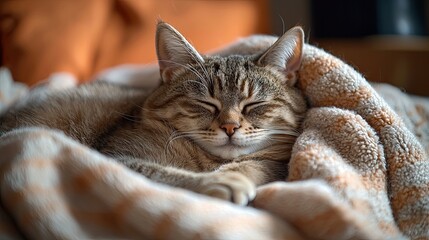 Sticker - Cozy cat sleeping peacefully wrapped in a soft blanket at home in a warm living room during the day