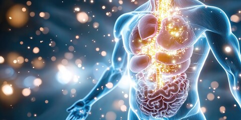 Wall Mural - conceptual visualization of human digestive system anatomy, clear organ details, subtle neutral back