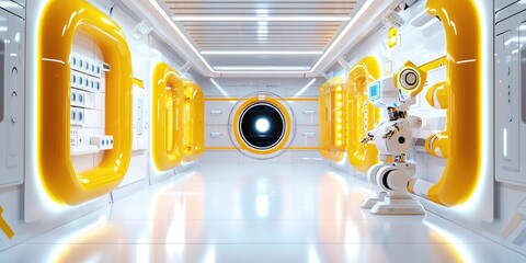 Wall Mural - futuristic science lab, featuring a robot interacting with an ai software interface, clean backdrop