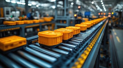 Wall Mural - Automated assembly line with orange containers moving on conveyor belt in a busy factory setting