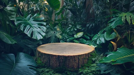 Poster - A circular wooden podium rests on the forest floor, surrounded by a rich tapestry of green plants and ferns. The vibrant atmosphere reflects a peaceful spring day in a lush, natural setting.