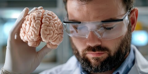 Wall Mural - researcher examining 3d brain model with brain mapping overlays in a bright, neutral lab environment