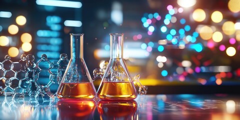 Wall Mural - vibrant chemical reactions in flasks with a blurred periodic table in the background