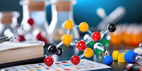 Wall Mural - academic setting with a researcher studying the periodic table and lab apparatus