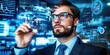 © kwanchaift - Business analyst visualizing big data insights on screen, neutral background, modern office setting