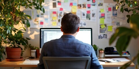 Poster - Creative workspace with plants and notes, focused man working at computer in a modern office environment, showcasing productivity and inspiration