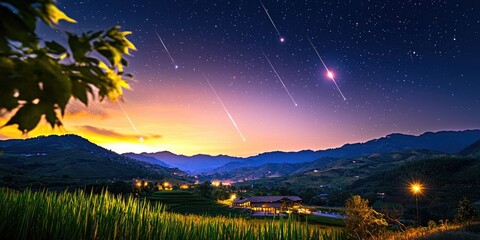 Wall Mural - celestial phenomena illustrated with bright meteor showers over a calm landscape