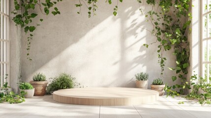 Fototapete - In a serene indoor setting, a circular wooden podium sits beneath soft, natural light streaming through large windows.
