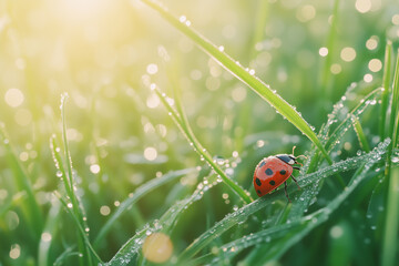 Little cute ladybug close up detail crawling on dew-covered grass or leaf against natural morning sunshine background.