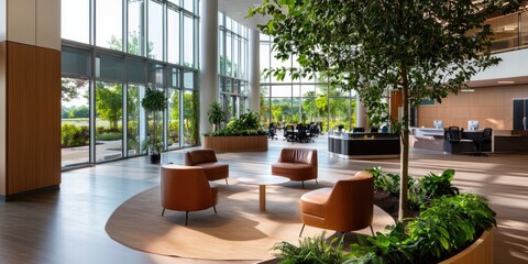 Aufkleber - Modern workspace with sleek furniture, natural lighting, and plants, creating a productive vibe