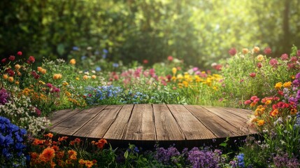 Poster - In a lush spring environment, a wooden podium stands amidst a colorful array of blooming flowers. Sunlight filters through the trees, enhancing the enchanting atmosphere of the garden.