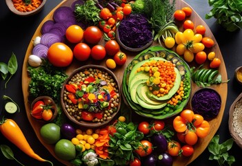 Wall Mural - colorful display plant based ingredients artfully arranged plate showcasing bounty culinary creativity, vegetable, fruit, herb, leaf, bean, grain