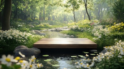 Poster - A tranquil spring garden features a wooden podium set beside a serene stream.