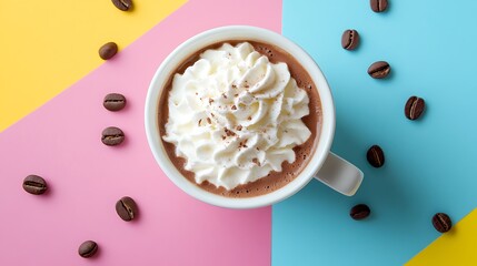 Wall Mural - Hot chocolate with whipped cream isolated on a colorful background