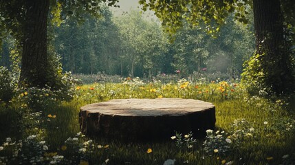 Poster - A circular podium made of wood sits surrounded by blooming spring flowers and tall grass under the warm sunlight. Towering trees create a serene atmosphere in a tranquil forest setting.