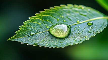 Wall Mural - A close-up of a green leaf adorned with droplets of water, showcasing the beauty of nature and the freshness of dew.