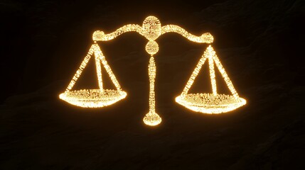 A high-tech visualization of a glowing balance scale formed by intersecting streams of digital code and light, floating in a dark environment