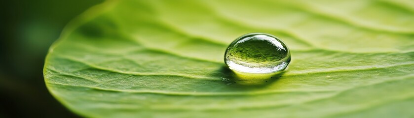 Wall Mural - A close-up of a dew drop resting on a vibrant green leaf, showcasing the beauty of nature's intricate details.