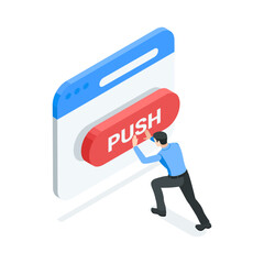 isometric vector man pushing big red button in program window, in color on white background, do action or perform task