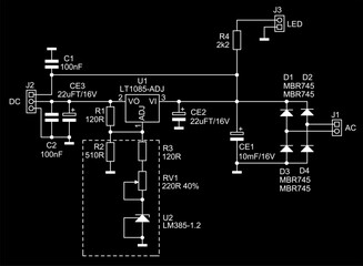 Wall Mural - Schematic diagram of analog electronic device 
on paper sheet. Vector drawing electrical circuit with 
capacitor, resistor, diode, voltage stabilizer, connector,
other components.